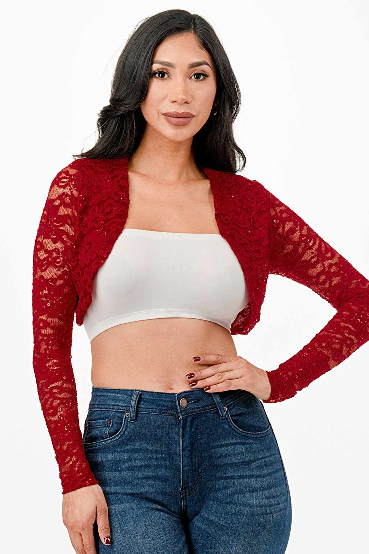 La Scala 11623 Long Sleeve Lace Jacket - RED