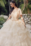 Juliet 1423 A-Line Princess Ball Gown Ruffled Tiered Tulle with Jacket - Champagne
