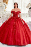 Ladivine 15717 Off the Shoulder 3D Floral Applique Quinceanera Gown = red