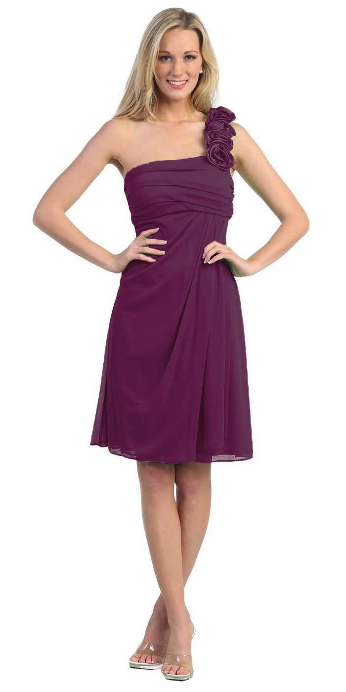 One Shoulder Knee Length Plum Chiffon Bridesmaid Dress