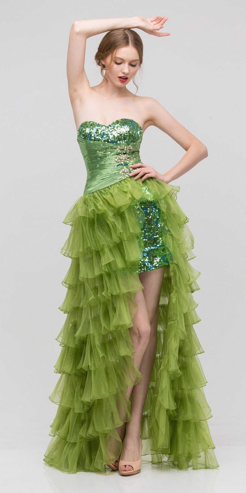Long Ruffled Skirt Thigh Slit Strapless Green Prom Dress