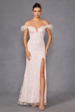 Juliet 2402 Glitter Leaf Sequin Gown with Feathered Sleeves and Slit
