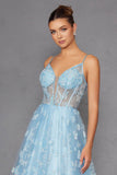 Juliet 2413 Long Butterfly Glitter Embroidered A-Line Gown with Corset Top