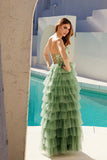 Juliet JT2454K Long Boned Bodice Tiered Layered Sequin Detail A-Line Gown
