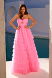 Juliet JT2456H Long Strapless Keyhole Tiered Ruffled Tulle A-Line Gown