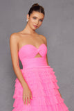 Juliet JT2456H Long Strapless Keyhole Tiered Ruffled Tulle A-Line Gown