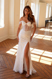 Juliet JT2471LW Long Off the Shoulder Fringe Sleeve Fitted Wedding Gown