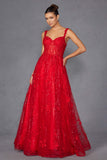 Juliet JT2495A Long A-Line Floral Lace Evening Gown