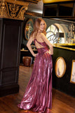 Juliet JT2503A Long Halter A-Line Pleated Metallic Gown