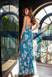 Juliet JT2505A Long Floral Applique Fitted Print Gown