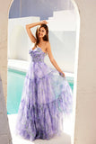 Juliet JT2507A Long Strapless Sweetheart Print Tiered Skirt Gown