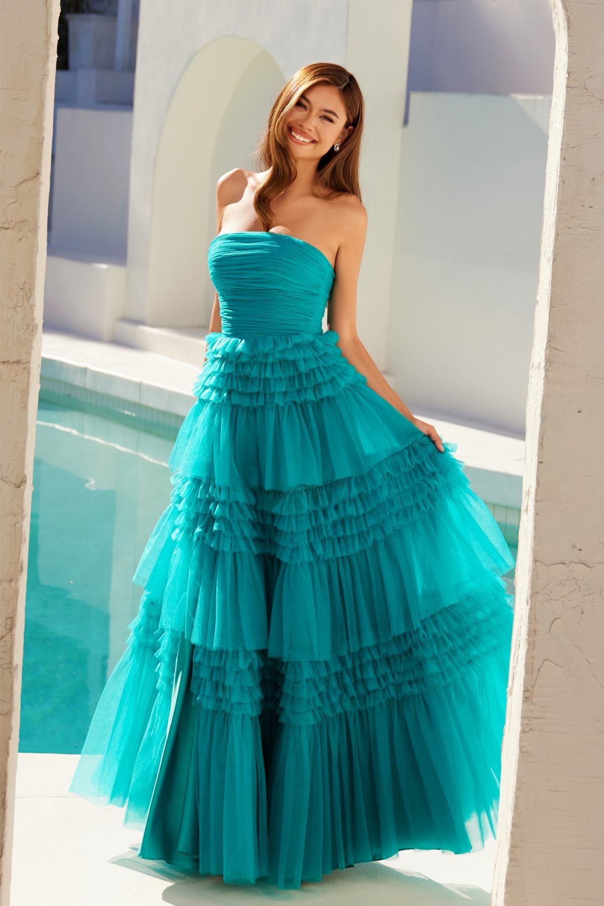 Juliet JT2542S Long Strapless Layered Tulle A-Line Gown