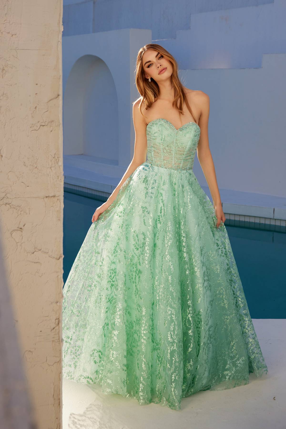 Juliet JT2547S Strapless Sweetheart A-Line Mint Gown