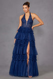 Juliet JT2556S Halter V-Neckline Layered Tulle Slit A-Line Gown