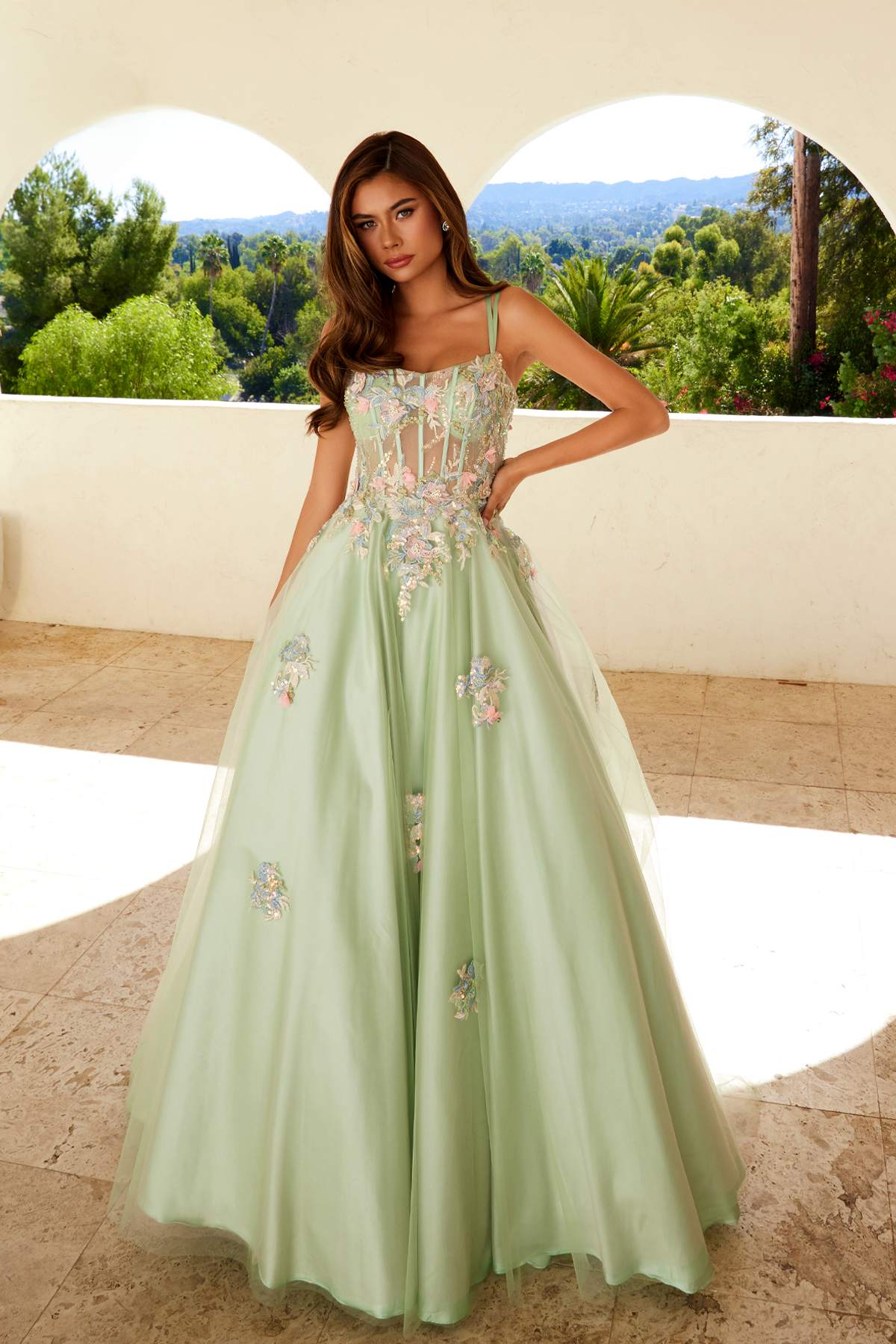 Juliet JT2565U Boned Embellished Applique Bodice A-Line Ball Gown