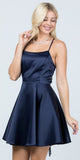 Short Fit and Flare Navy Blue Dress Spaghetti Straps Criss Cross Back
