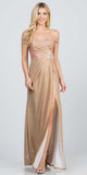 La Scala 25854 Long Off The Shoulder Glittery Jacquard Champagne Gathered Gown With Open Side