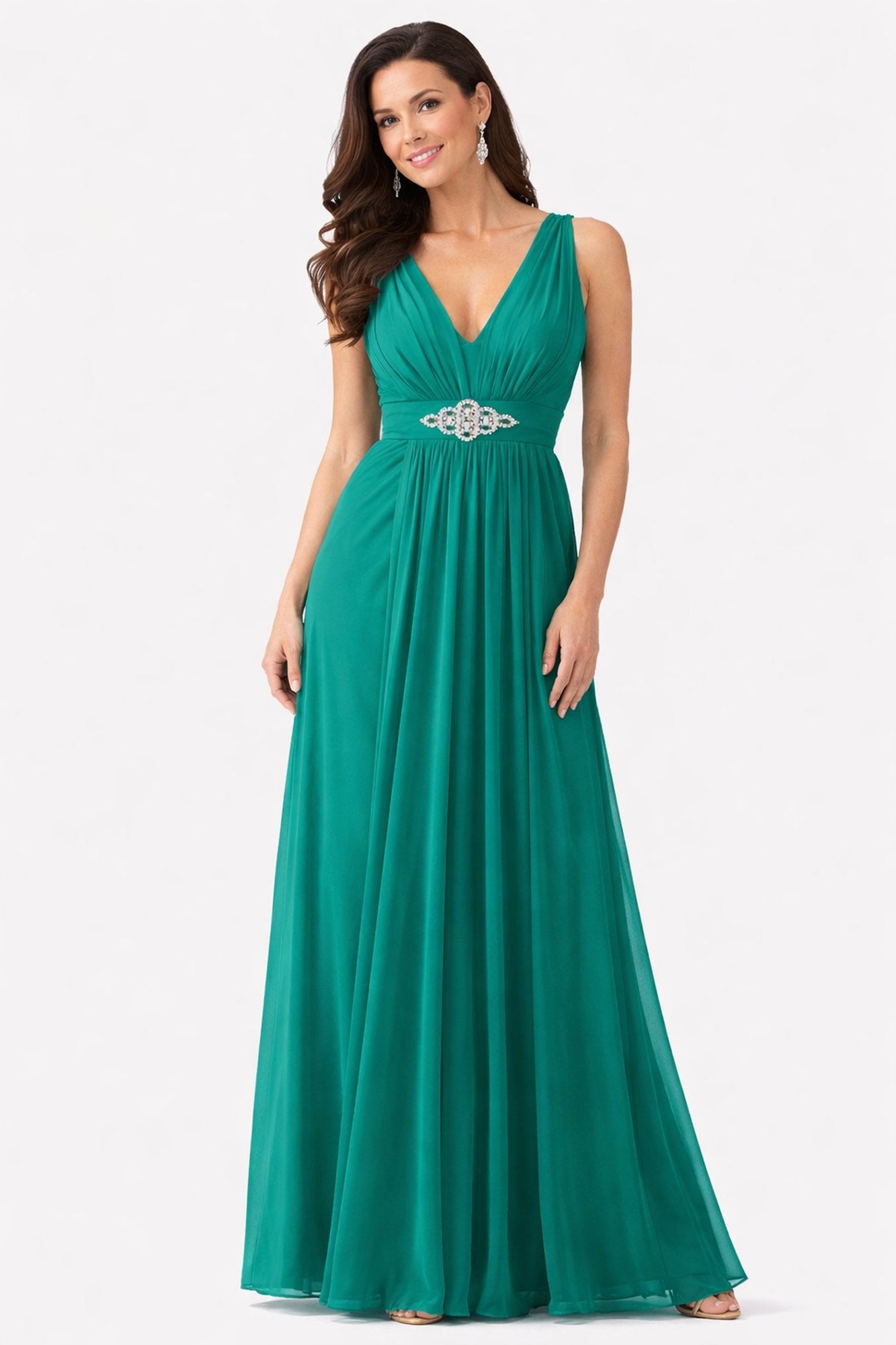 CLEARANCE - Chiffon Semi Formal Mint Dress Long Empire Rhinestone Waist