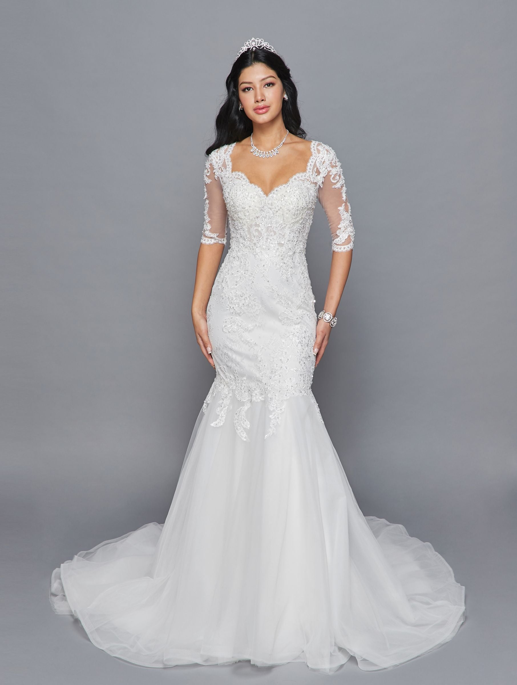 DeKlaire Bridal 418 Mid Length Sleeve V-Neckline Mermaid Court Train Wedding Dress