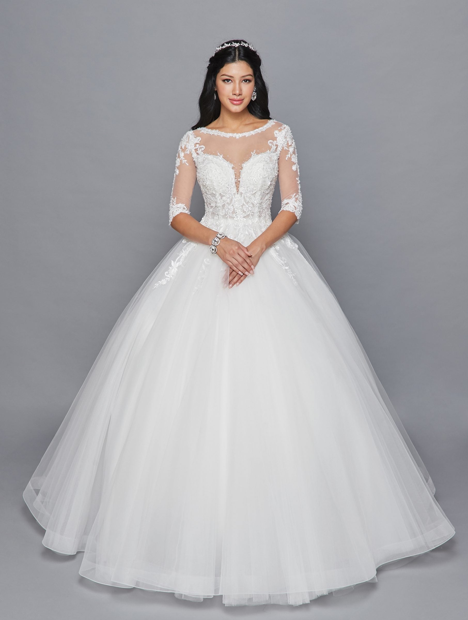 DeKlaire Bridal 421 Mid-Length Sleeve A-Line Wedding Gown Illusion Boat Neckline Beaded Lace