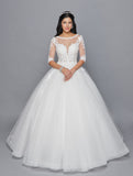 DeKlaire Bridal 421 Mid-Length Sleeve A-Line Wedding Gown Illusion Boat Neckline Beaded Lace
