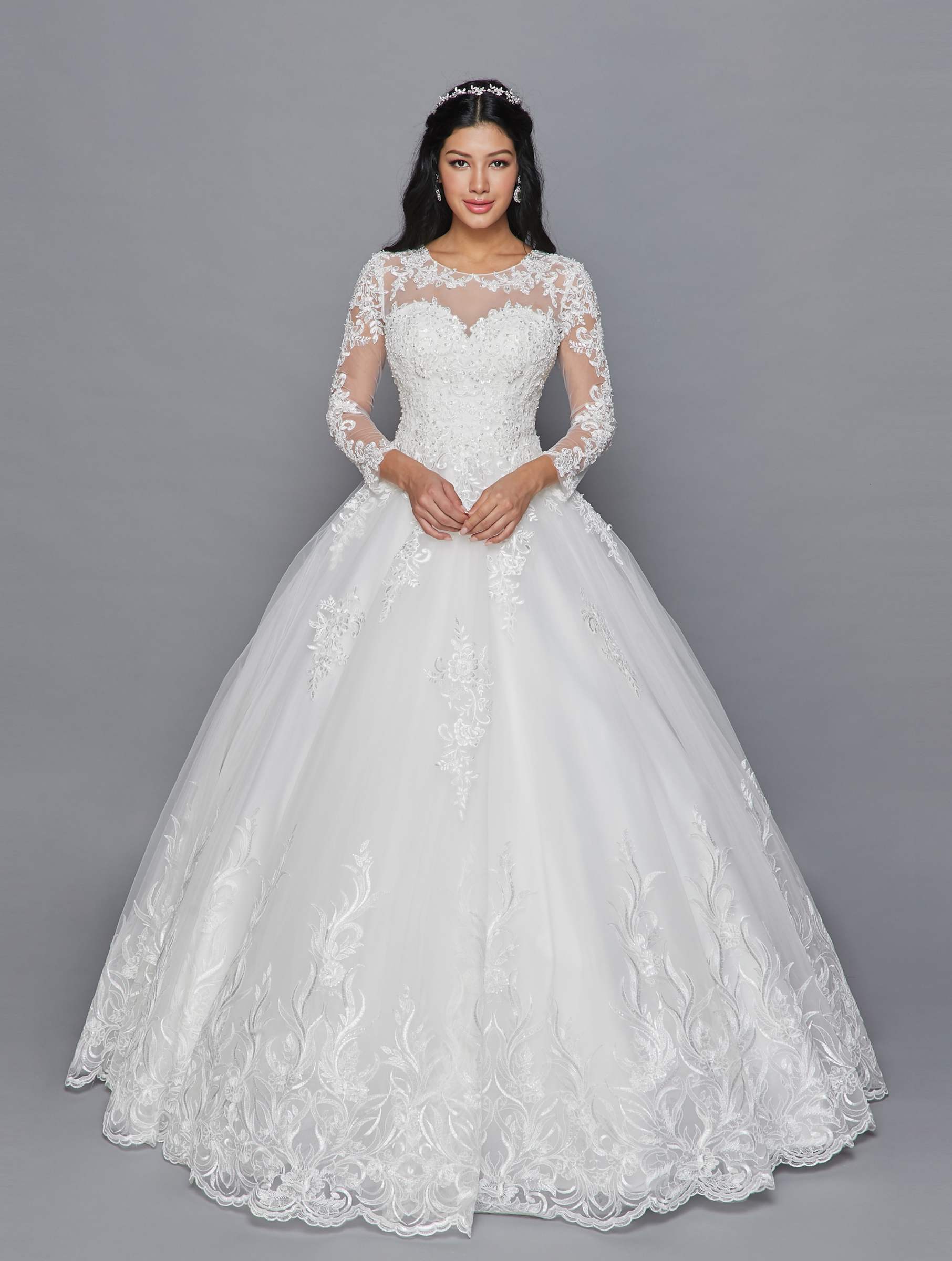 DeKlaire Bridal 422 Mid-Length Sleeve A-Line Wedding Gown Illusion Boat Neckline