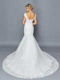 DeKlaire Bridal 423 Scalloped V-Neckline Illusion Panel Chapel Train Mermaid Wedding Dress
