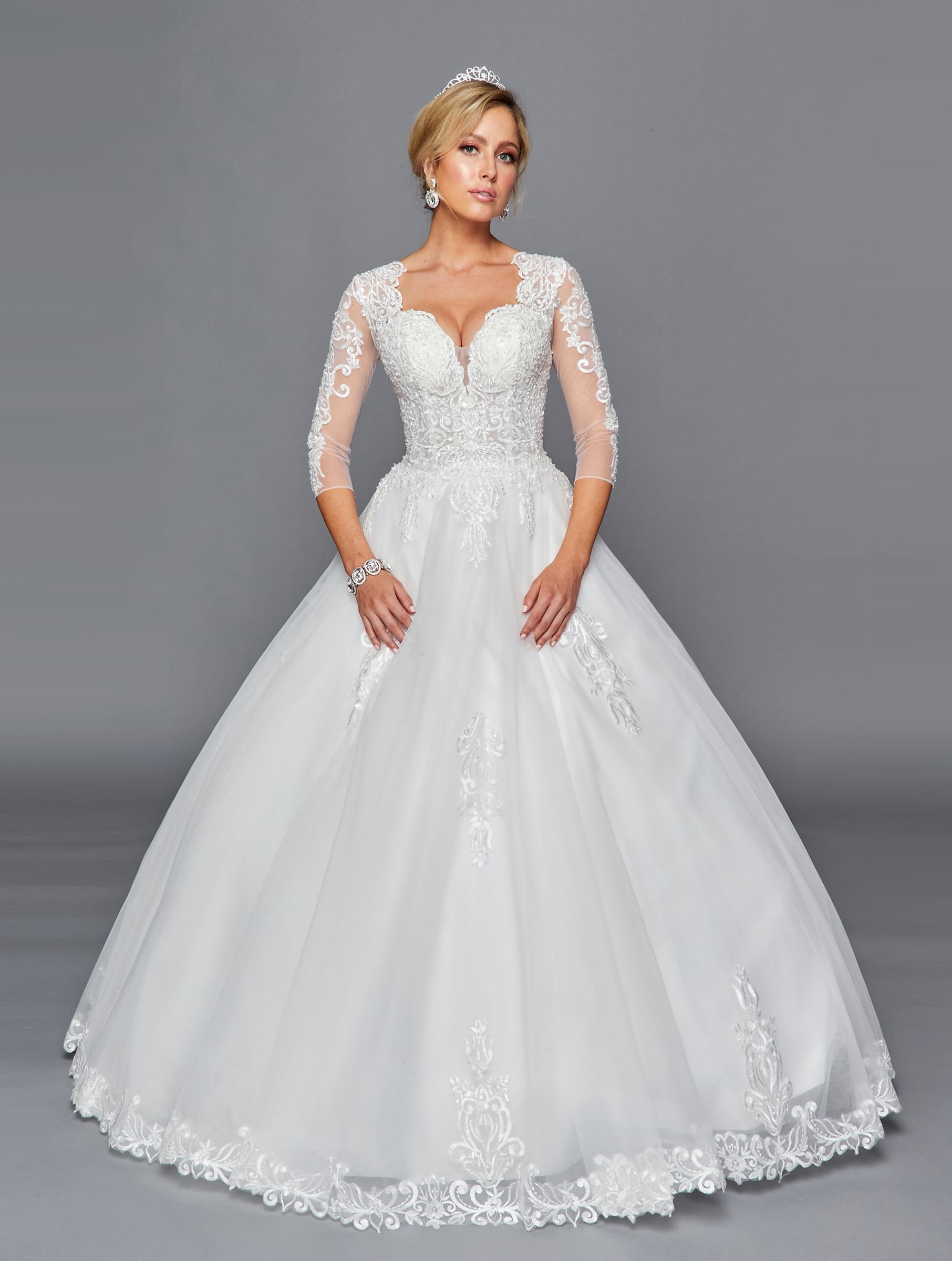 DeKlaire Bridal 436 Mid-Length Sleeve A-Line Wedding Gown V-Neckline Beaded Lace