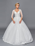 DeKlaire Bridal 436 Mid-Length Sleeve A-Line Wedding Gown V-Neckline Beaded Lace