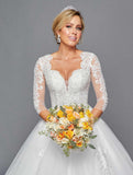 DeKlaire Bridal 436 Mid-Length Sleeve A-Line Wedding Gown V-Neckline Beaded Lace