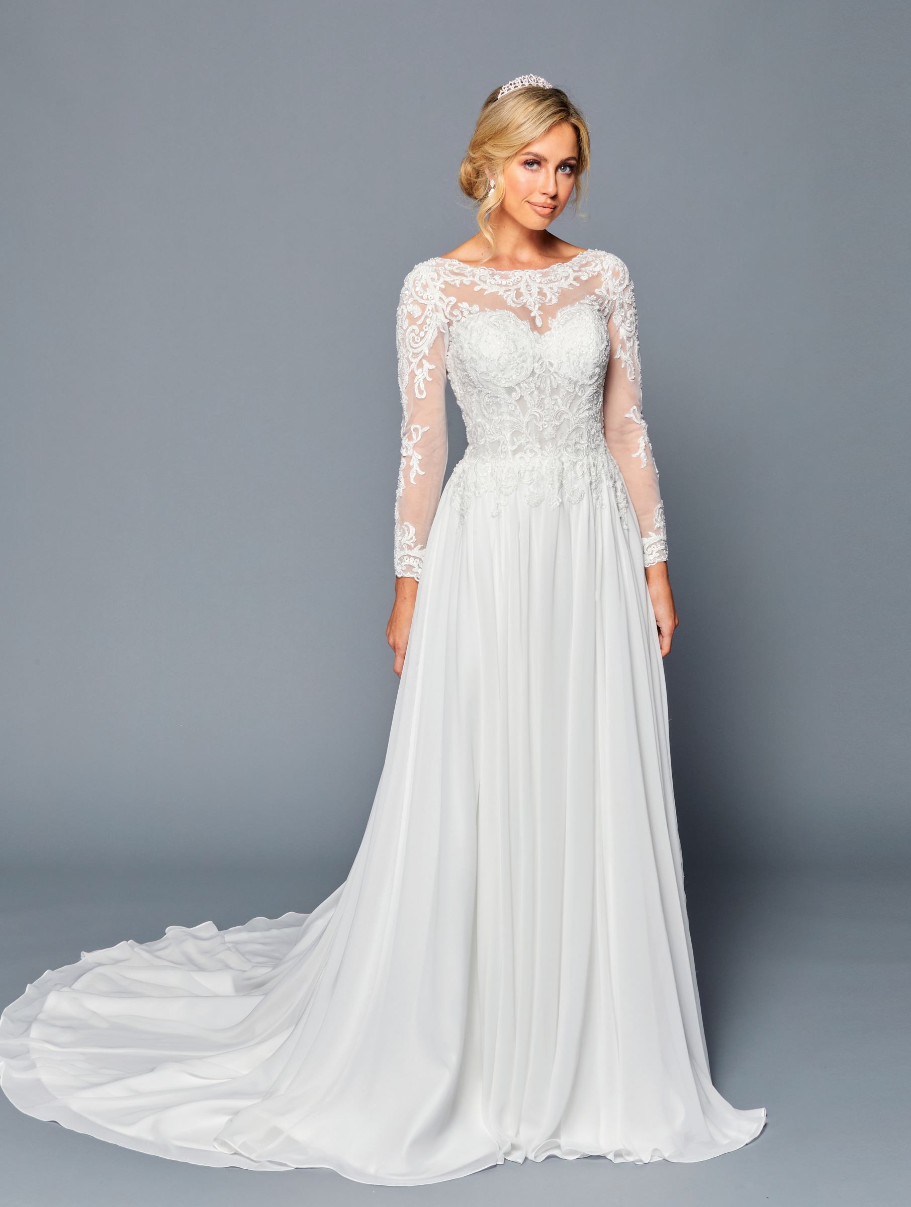 DeKlaire Bridal 453 Long Sleeve Boat Neckline Wedding Dress