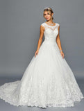 DeKlaire Bridal 456 Elegant Scoop Neck Cap Sleeve A-Line Chapel Train Wedding Gown