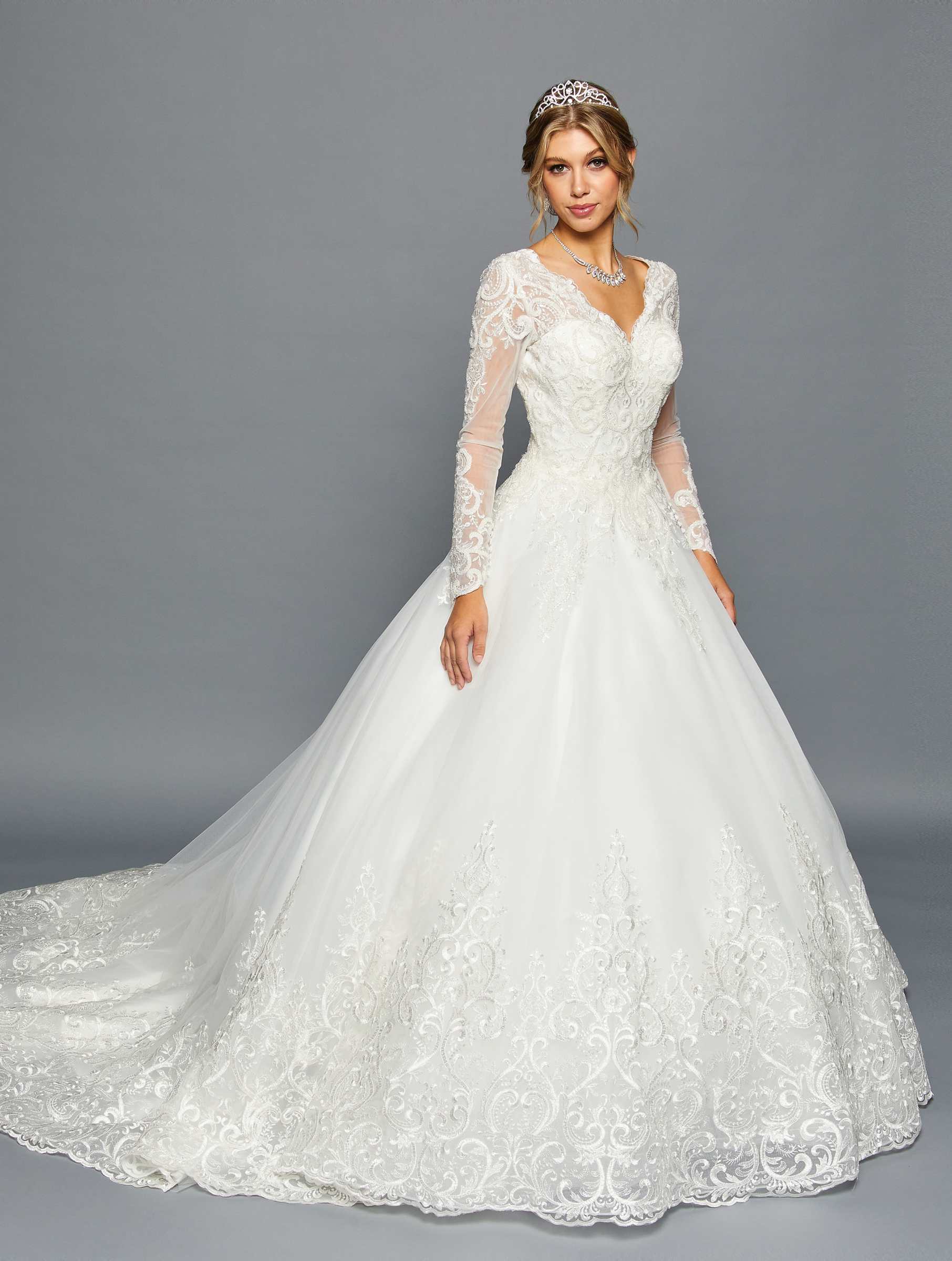 DeKlaire Bridal 457 Scalloped V-Neckline Long Sleeve Wedding Gown