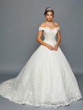 DeKlaire Bridal 458 Off The Shoulder Sweetheart Neck Lace Tulle A-Line Chapel Train Wedding Dress
