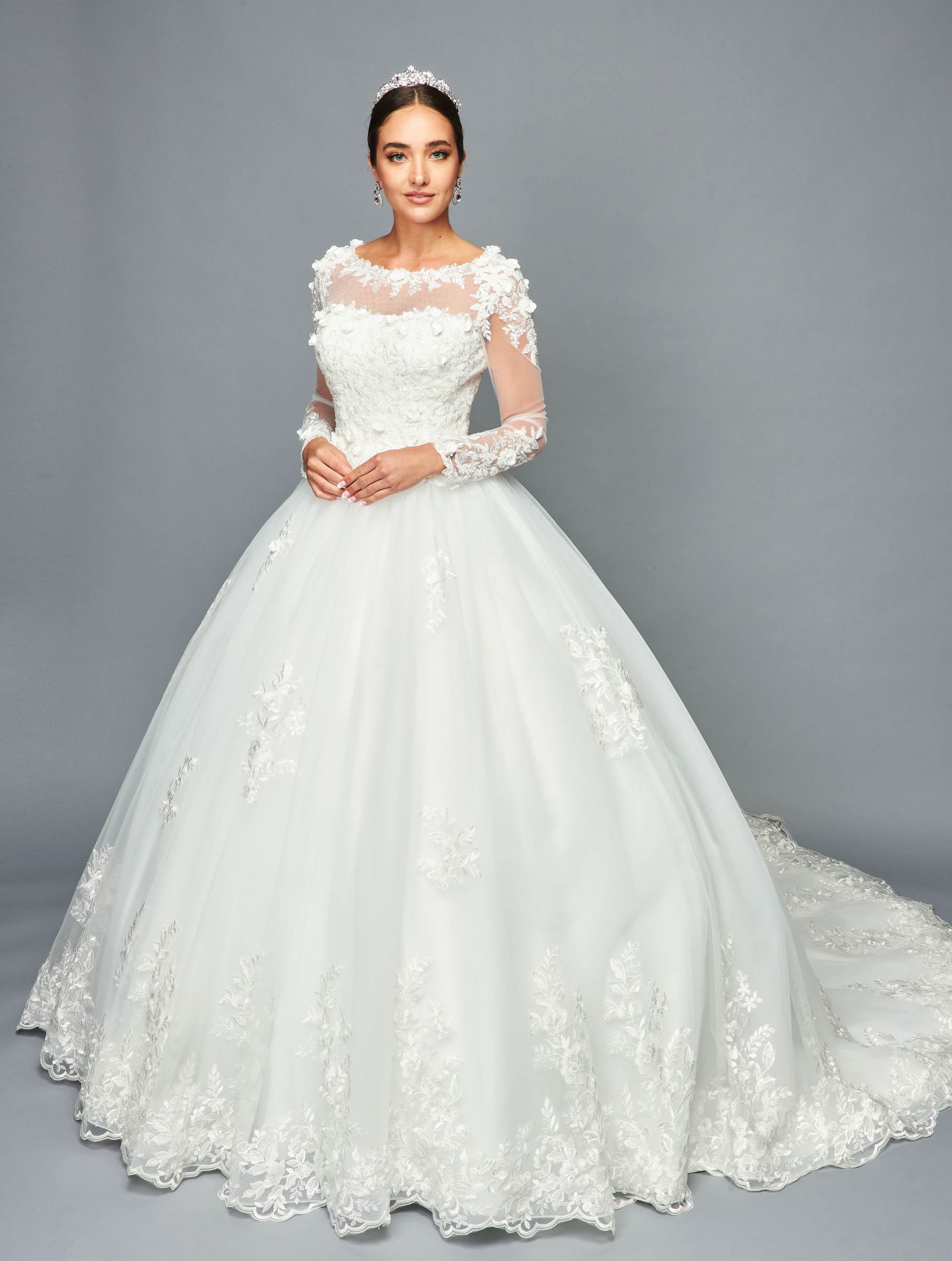 DeKlaire Bridal 469 Floor Length A-Line Ball Wedding Gown Long Sleeve
