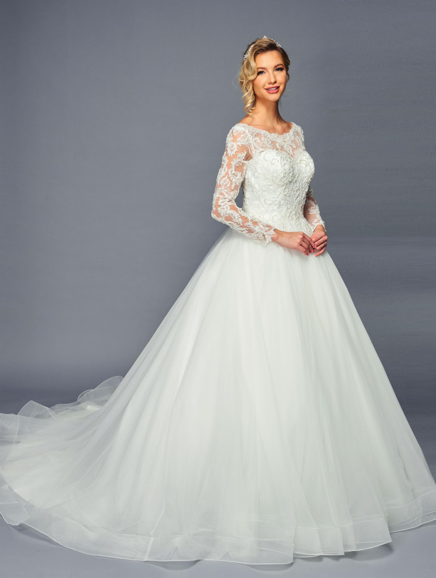 DeKlaire Bridal 471 Long Sleeve Boat Neck A-Line Ballgown Chapel Train Wedding Dress
