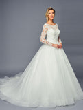 DeKlaire Bridal 471 Long Sleeve Boat Neck A-Line Ballgown Chapel Train Wedding Dress