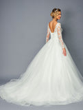DeKlaire Bridal 471 Long Sleeve Boat Neck A-Line Ballgown Chapel Train Wedding Dress