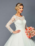 DeKlaire Bridal 471 Long Sleeve Boat Neck A-Line Ballgown Chapel Train Wedding Dress