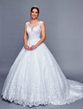 DeKlaire Bridal 474 Long A-Line Cap Sleeve Illusion Boat Neckline Wedding Gown