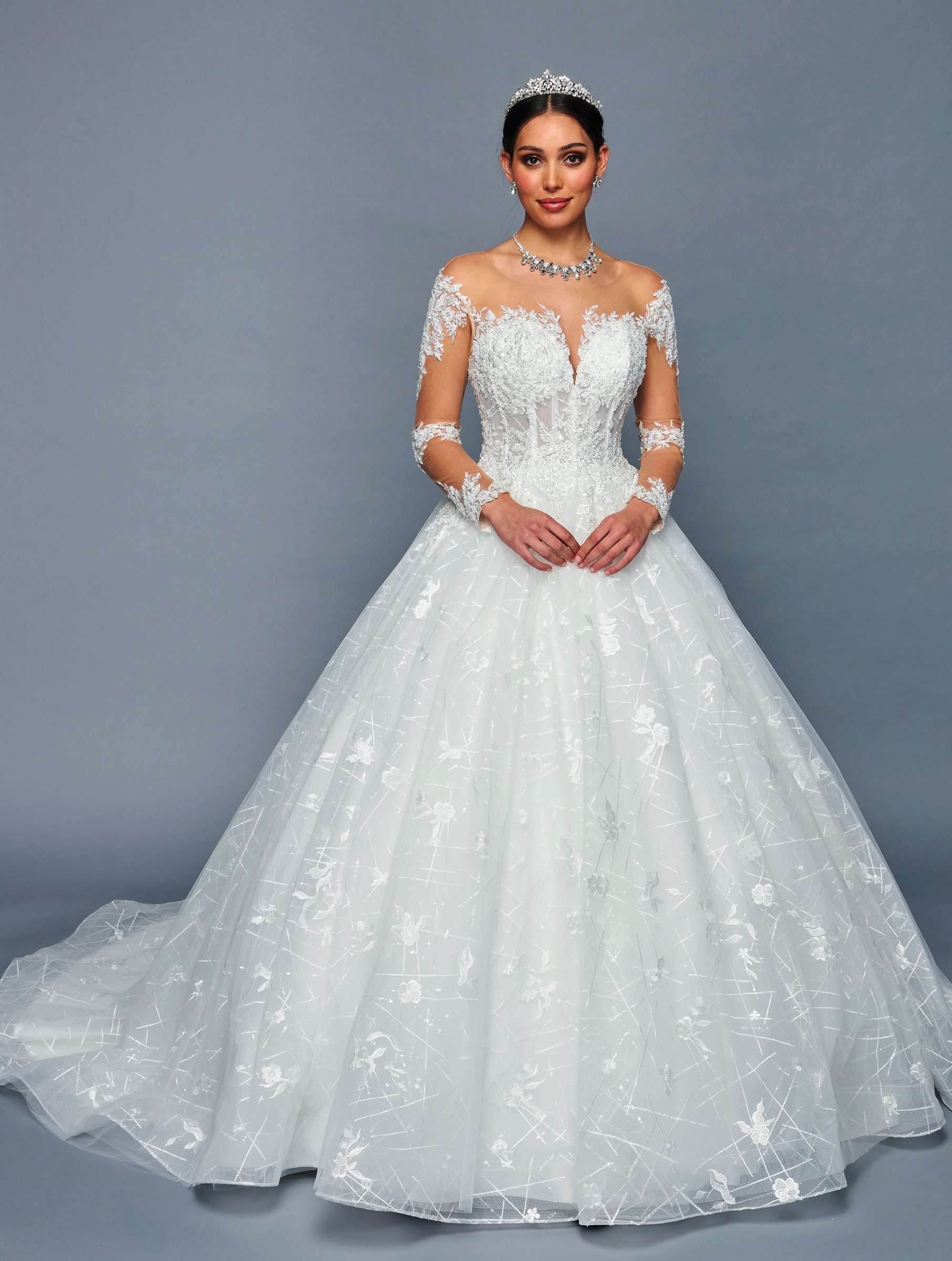 DeKlaire Bridal 481 Illusion Boat Neck Sheer Long Sleeve Wedding Ball Gown
