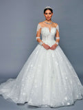 DeKlaire Bridal 481 Illusion Boat Neck Sheer Long Sleeve Wedding Ball Gown