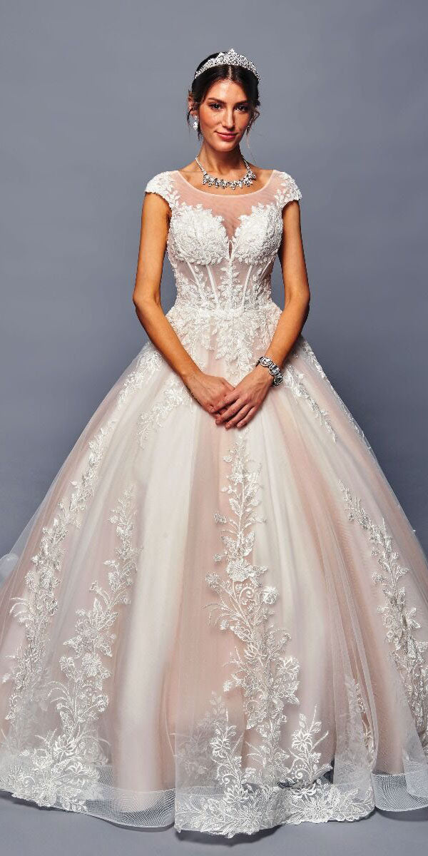 Deklaire Bridal 484 Floor Length Cap Sleeve A-Line Wedding Ball Gown