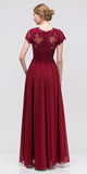 Burgundy Short Sleeves Applique Bodice A-Line Long Formal Dress