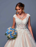 DeKlaire Bridal 490 Wedding Dress A-Line Cap Sleeve Chapel Train