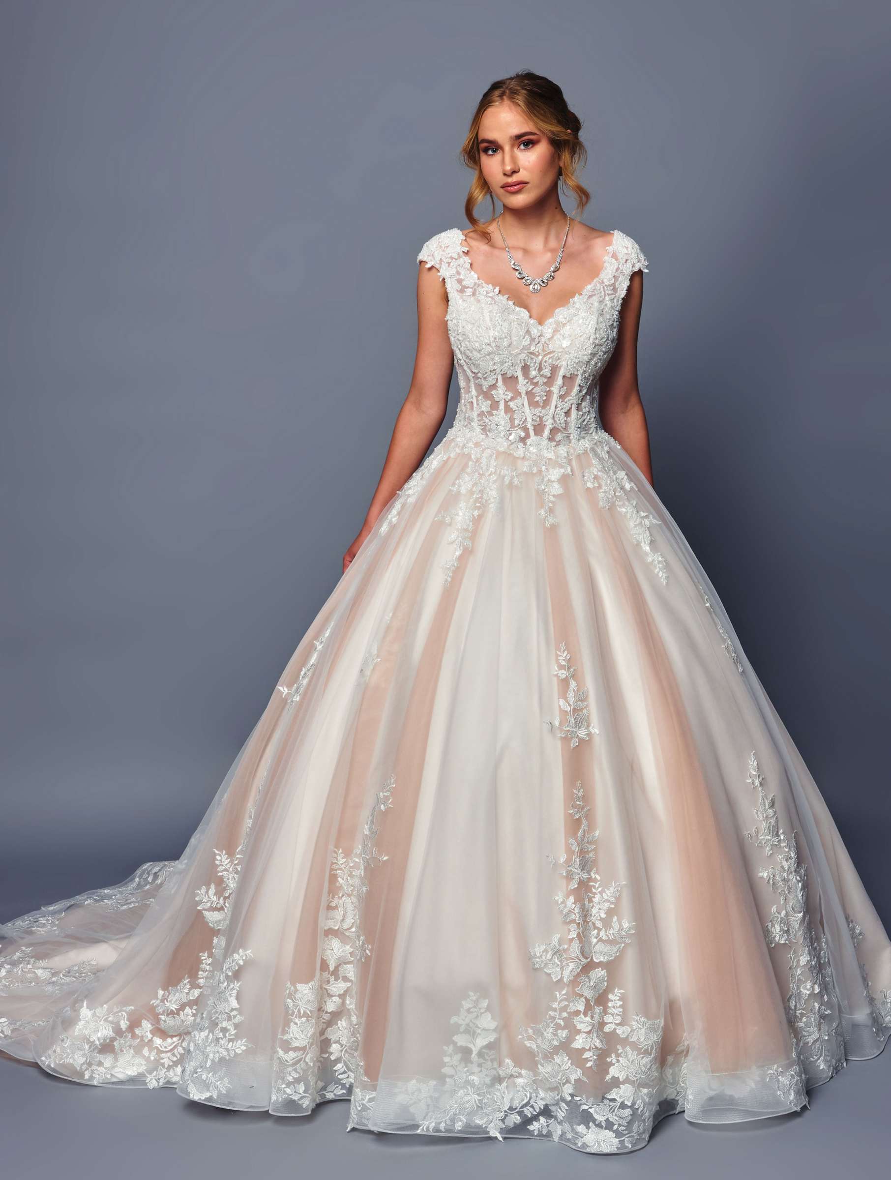 DeKlaire Bridal 490 Wedding Dress A-Line Cap Sleeve Chapel Train