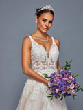 DeKlaire Bridal 501 A-Line Wedding Gown V-Neckline Beaded Lace Embellishment