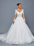 Deklaire Bridal 505 Deep V-Neckline Long Sleeve A-Line Wedding Ball Gown