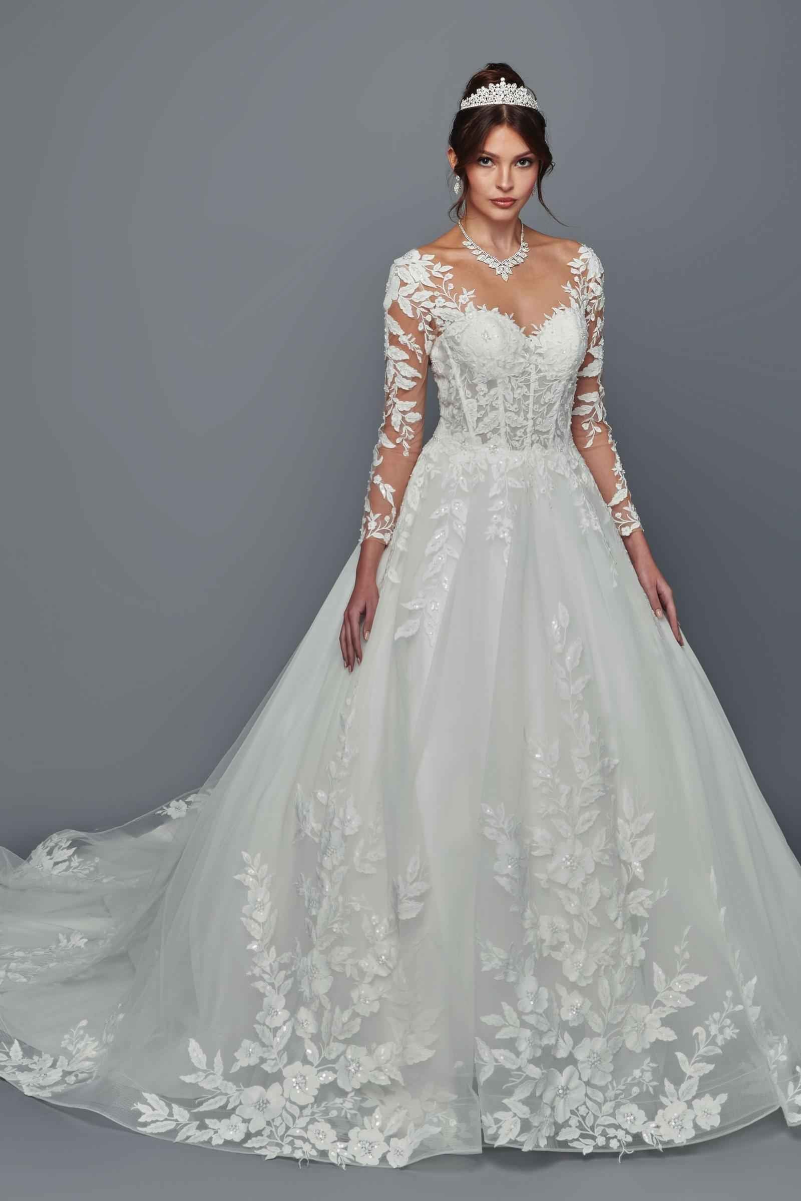 Deklaire Bridal 507 Illusion Boat Neckline Long Sleeve Wedding Ball Gown