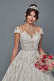 Deklaire Bridal 510 Illusion Boat Neck Cap Sleeve Court Train Wedding Dress